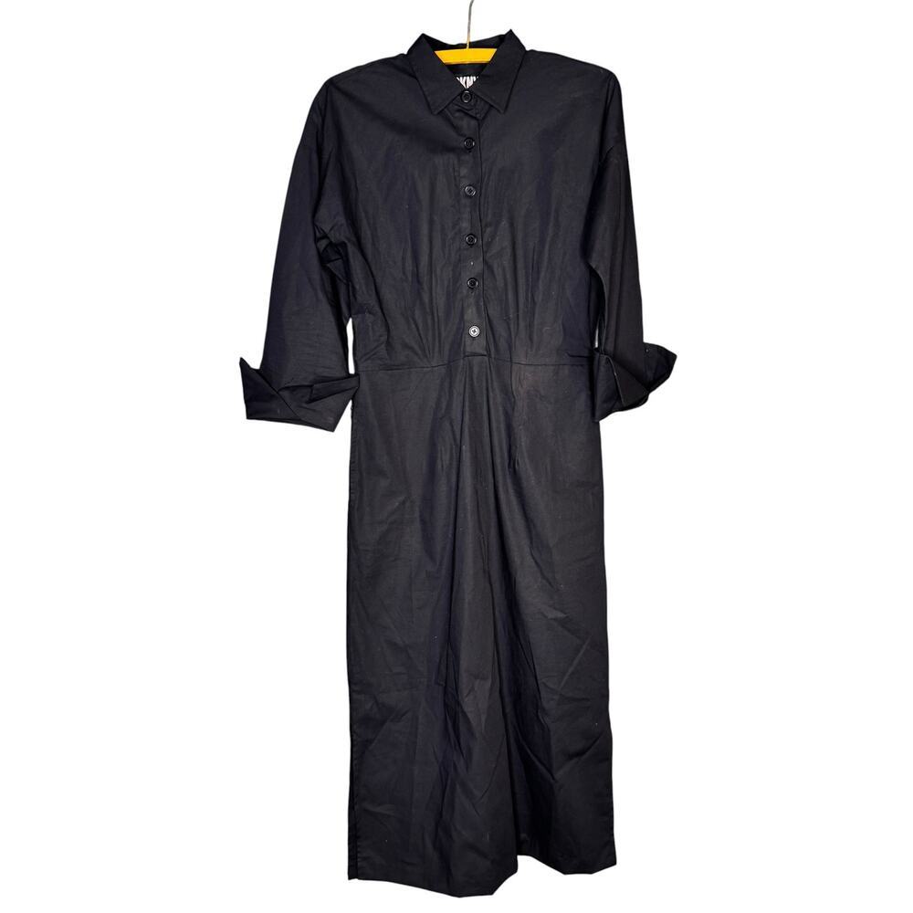 DKNY Black Shirt Dress Button Front Midi Cotton Spandex Side Slits Minimalist S